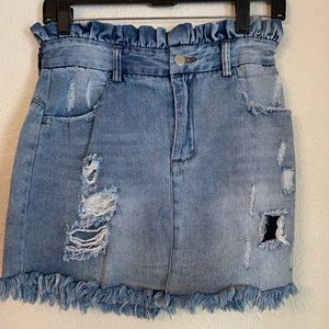 Ruffle waist distressed denim skirt